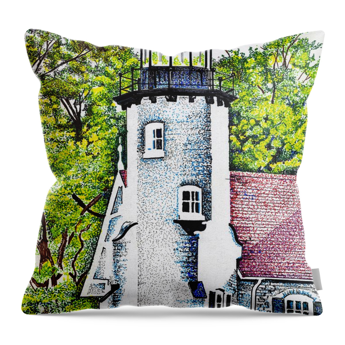White Throw Pillow featuring the drawing White River Station #1 by Bill Richards