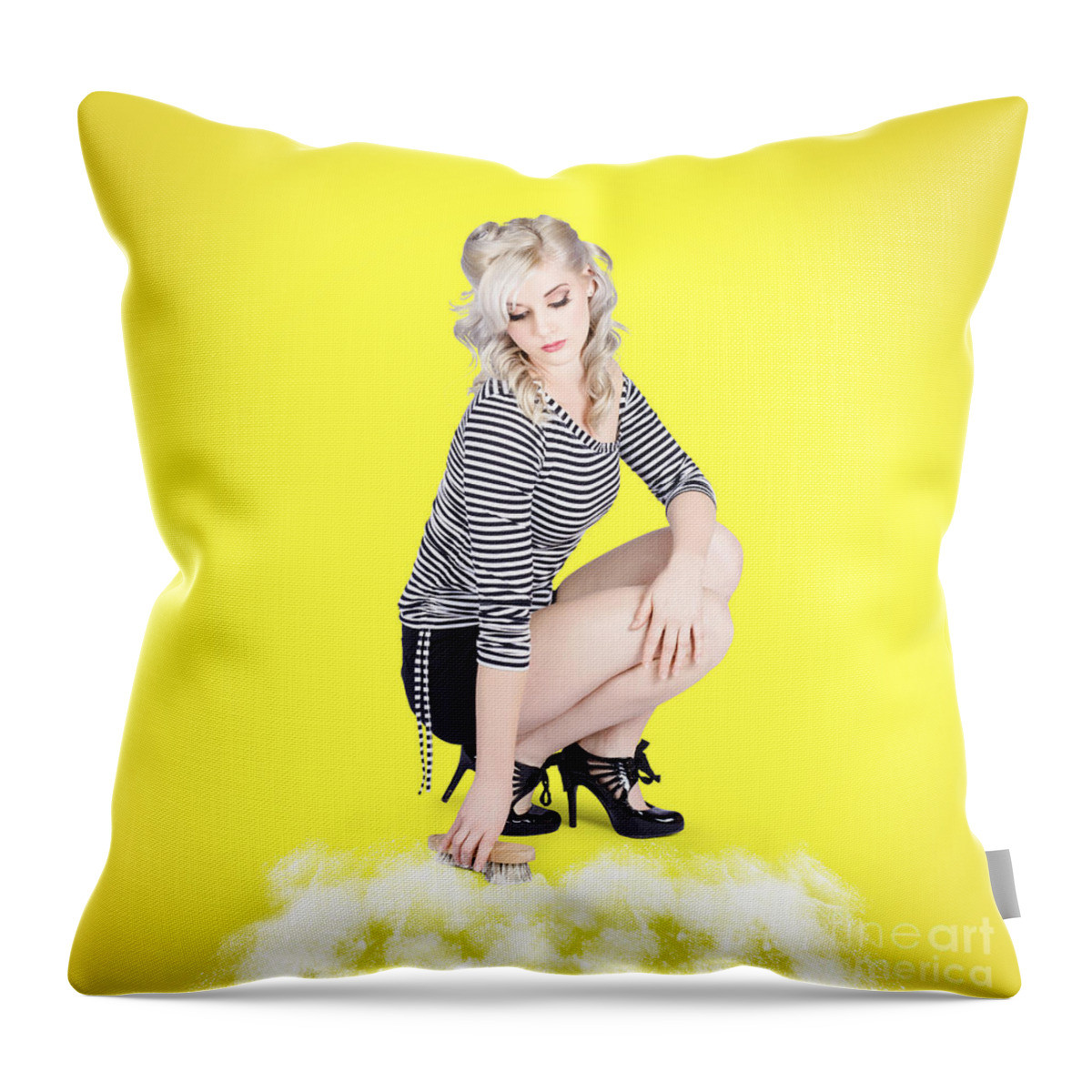 Cleaner Throw Pillow featuring the photograph Woman washing and cleaning a floor #1 by Jorgo Photography