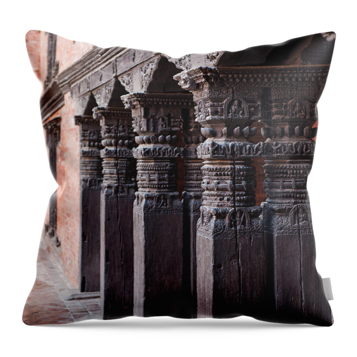 Door Throw Pillow featuring the photograph Wooden Column at Durbar Square #1 by U Schade