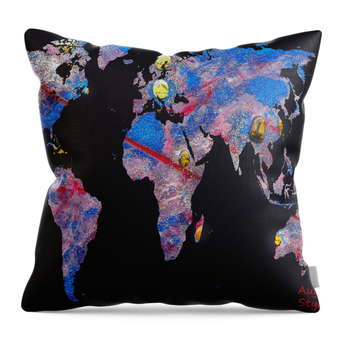 Augusta Stylianou Throw Pillow featuring the digital art World Map and Aries Constellation by Augusta Stylianou