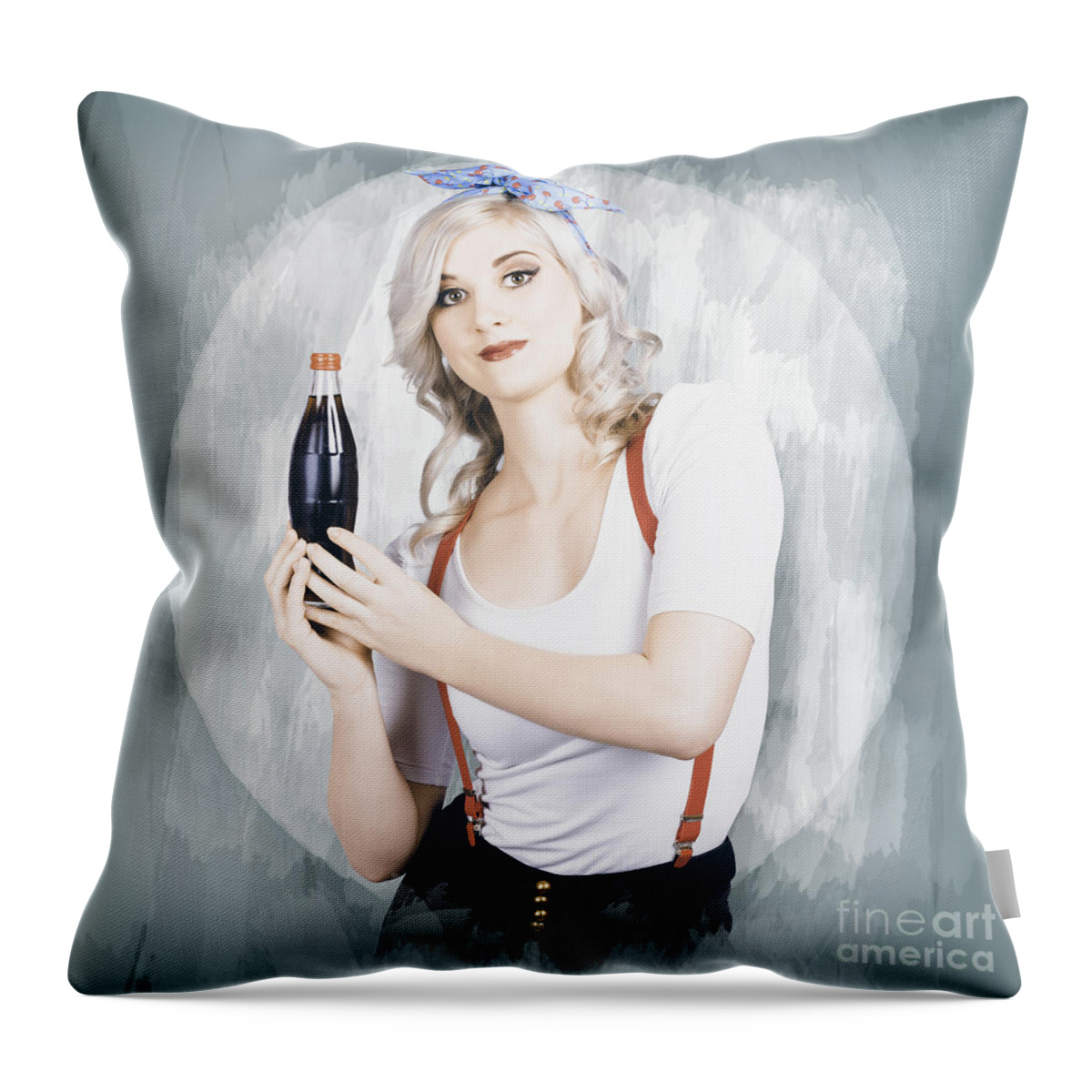 Drink Throw Pillow featuring the photograph Young beautiful retro lady holding soda drink #1 by Jorgo Photography