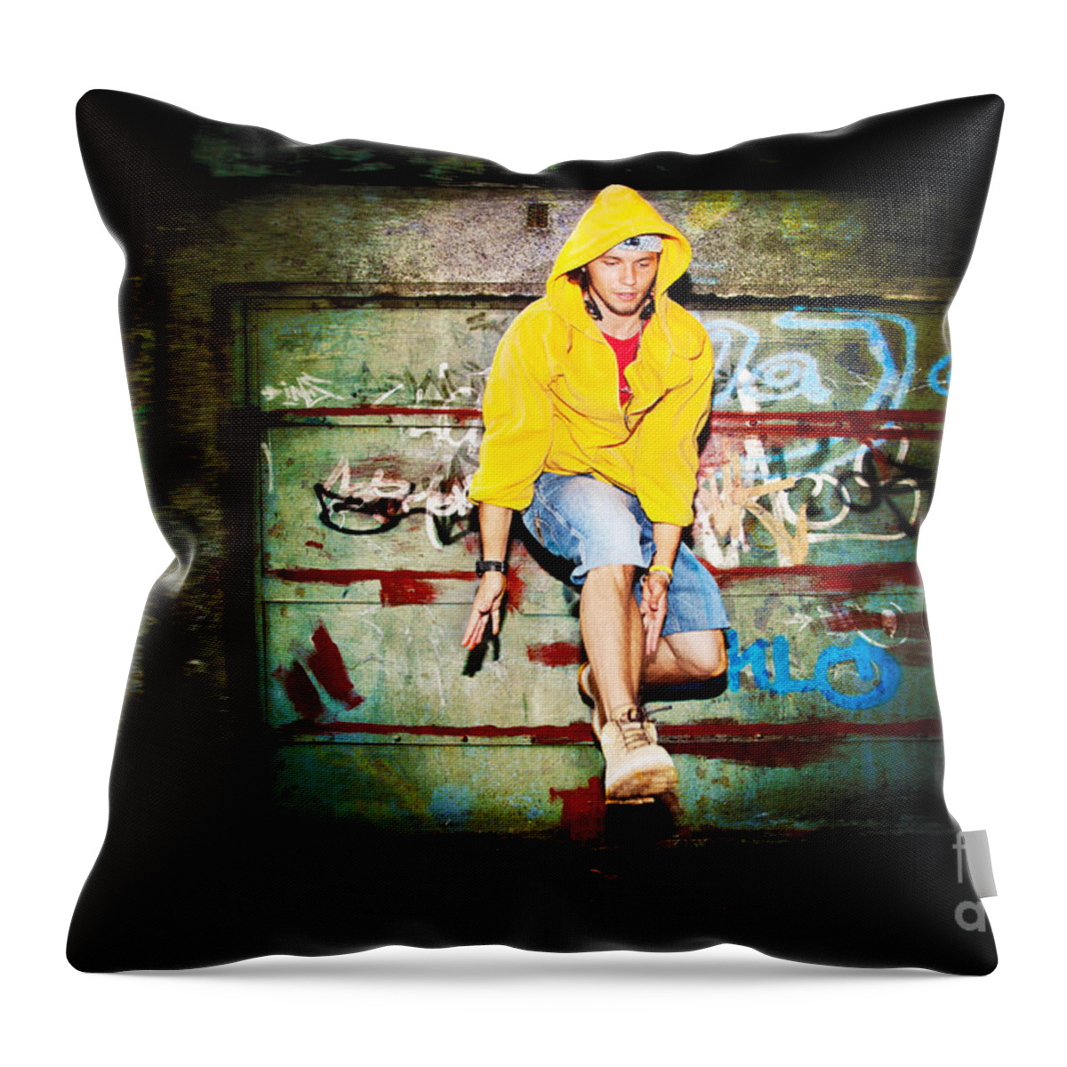 Grunge Throw Pillow featuring the photograph Young man jumping on grunge wall #1 by Michal Bednarek