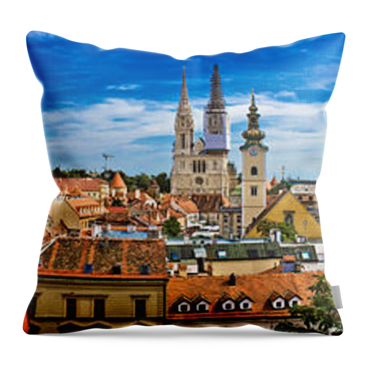 Croatia Throw Pillow featuring the photograph Zagreb cityscape panoramic view at old town center #1 by Brch Photography