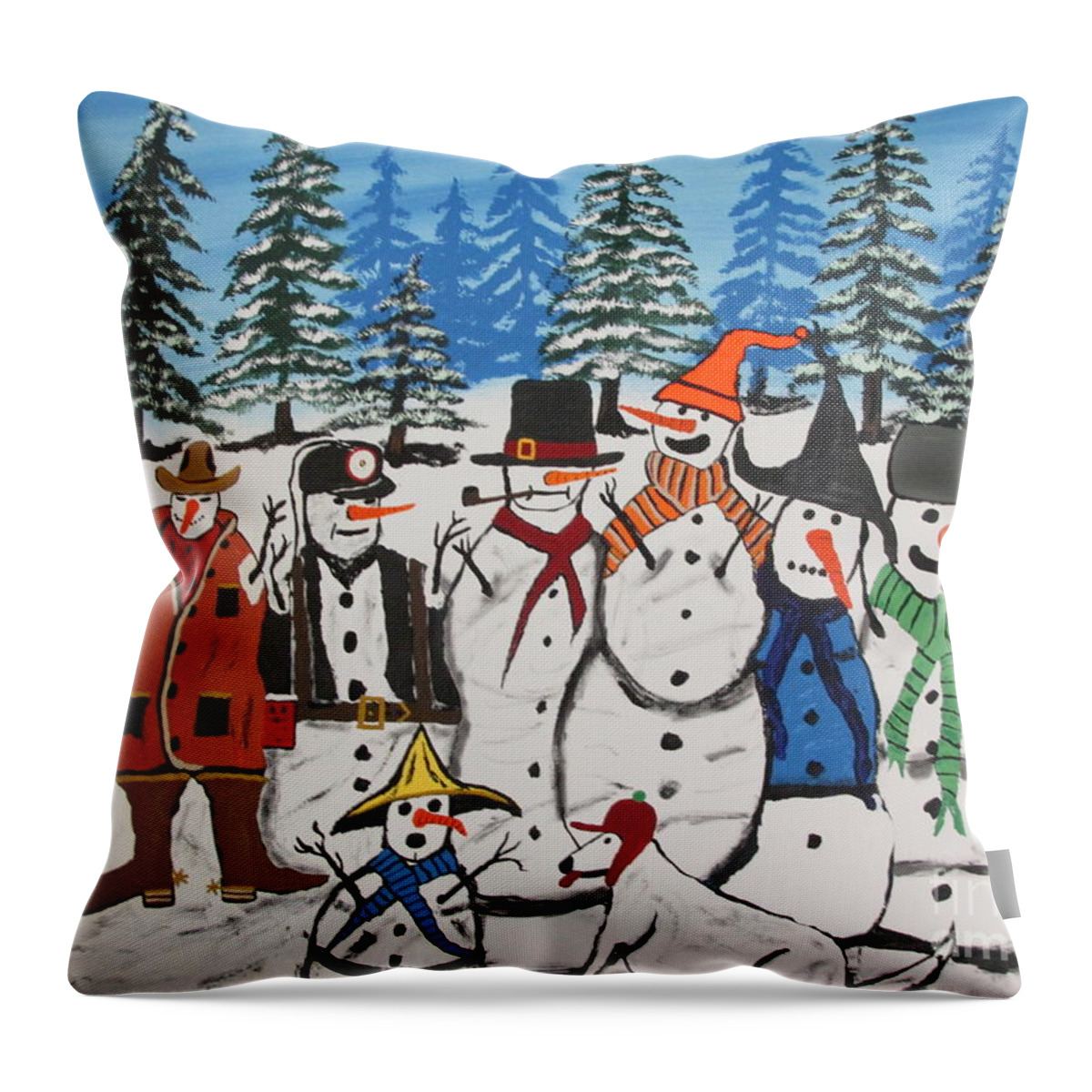  Throw Pillow featuring the painting 10 Christmas Snowmen by Jeffrey Koss
