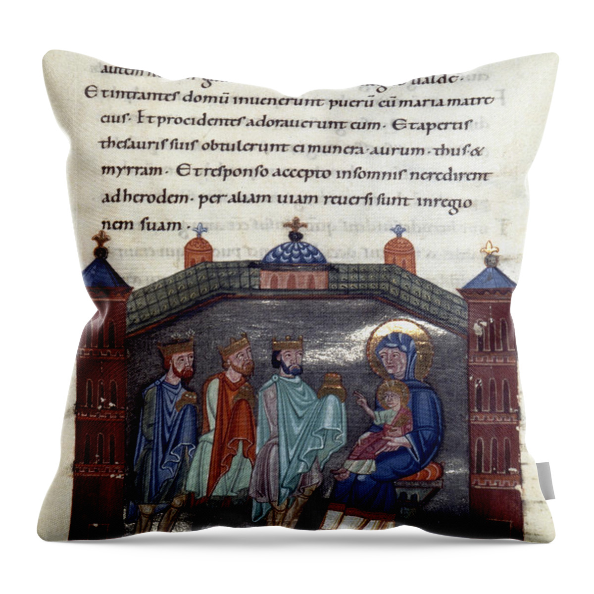 11th Century Throw Pillow featuring the painting Adoration Of The Magi #11 by Granger