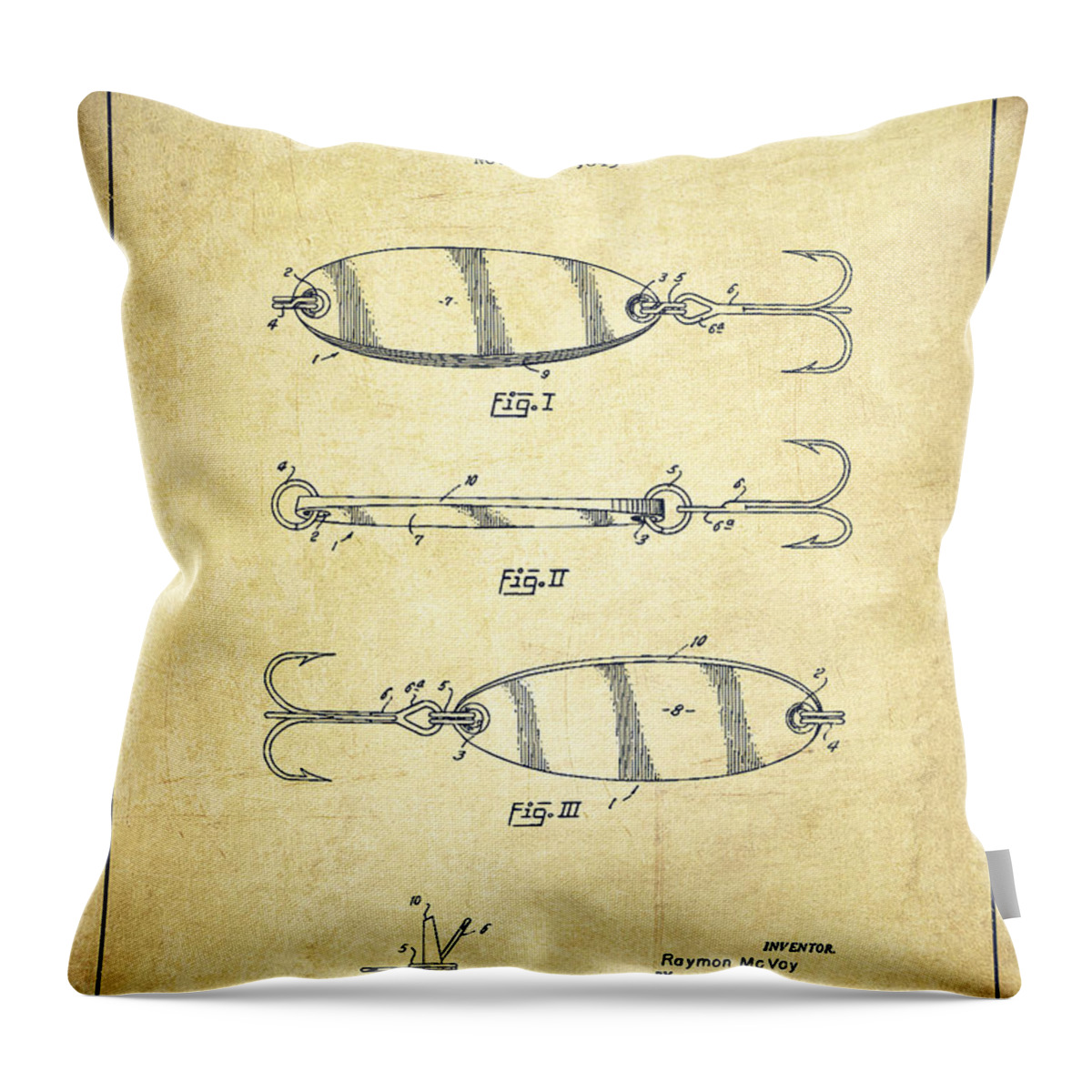 Fishing Tackle Throw Pillow featuring the drawing Vintage Fishing Lure Patent Drawing from 1964 #6 by Aged Pixel