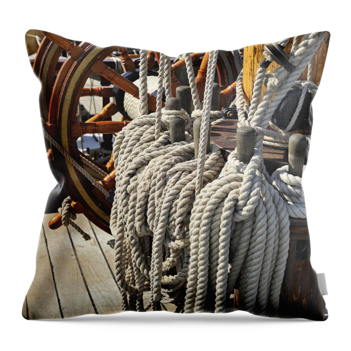 Grand Turk Throw Pillow featuring the photograph Steering Wheel and Coiled Ropes by Arterra Picture Library