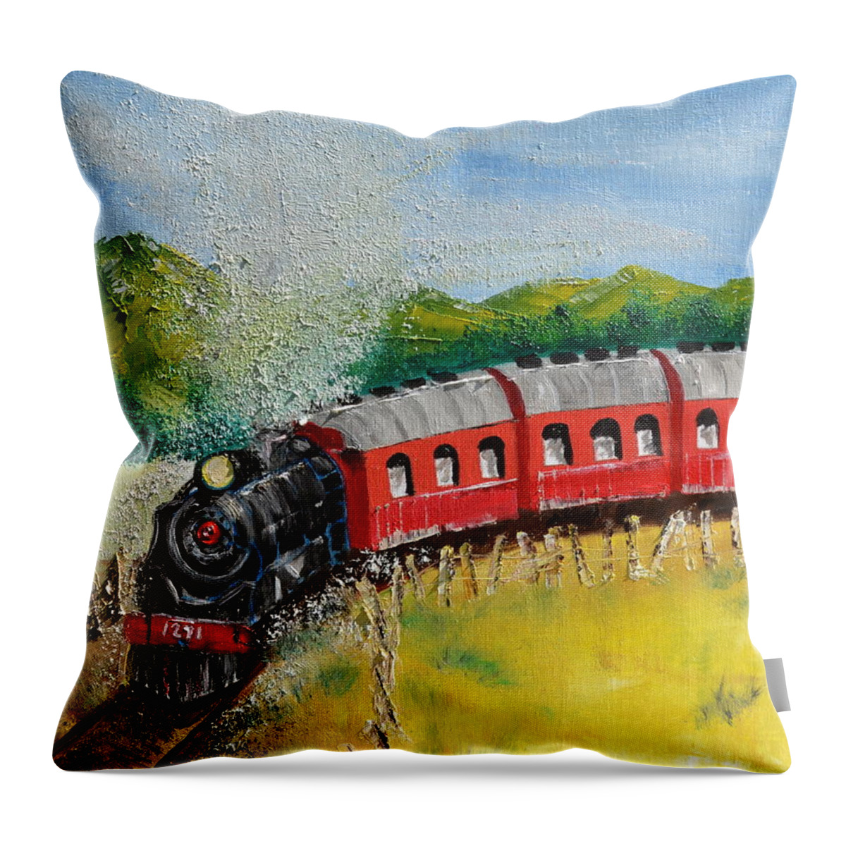 Steam Engine Throw Pillow featuring the painting 1271 Steam Engine by Denise Tomasura