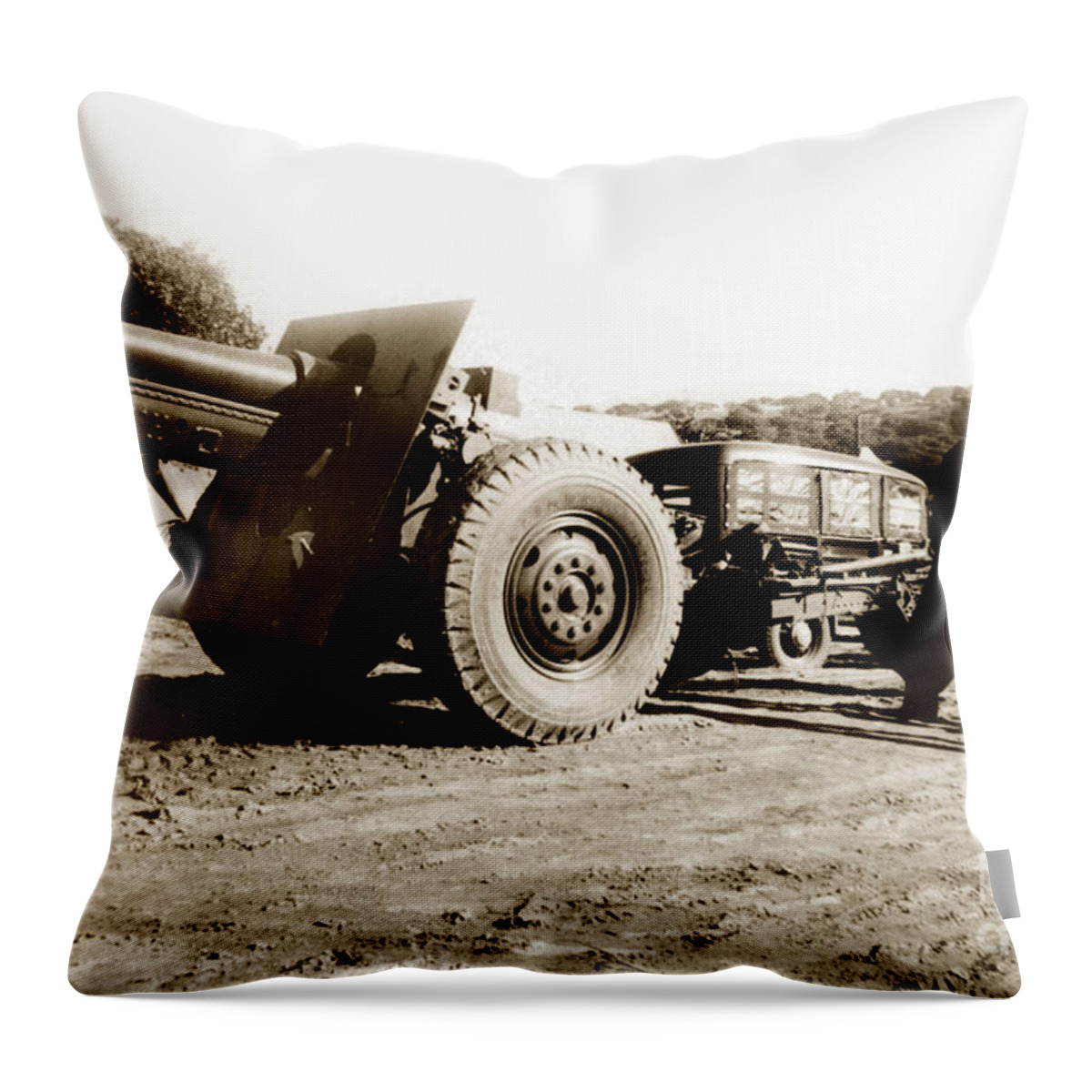 155mm Field Artillery Throw Pillow featuring the photograph 155mm field artillery Camp Ord Army Base California Circa 1940 by Monterey County Historical Society