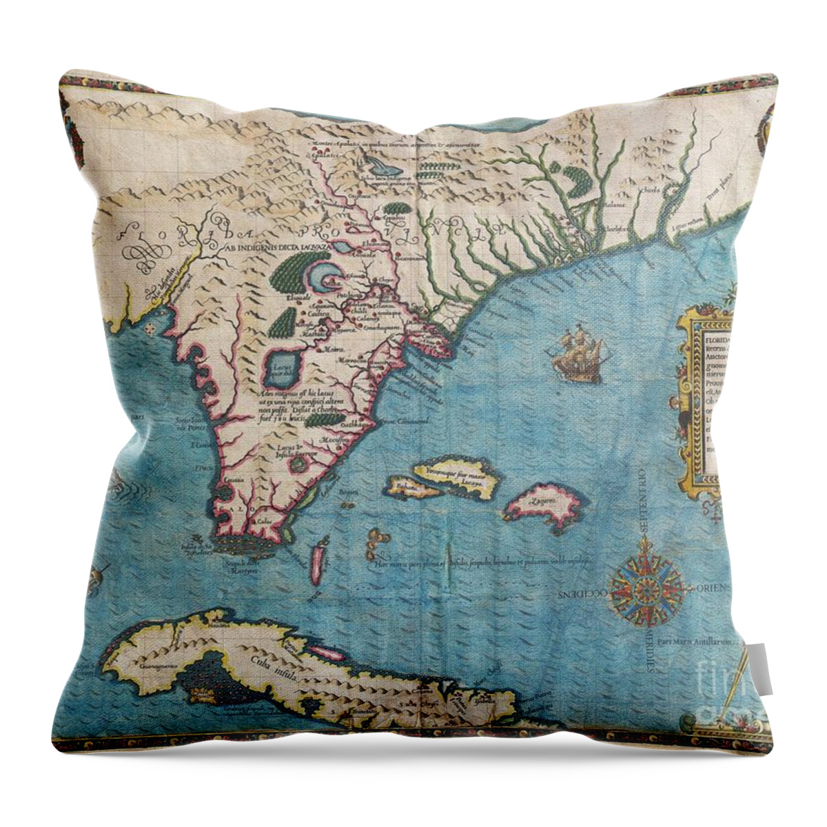The Most Remarkable And Important Map Throw Pillow featuring the photograph 1591 De Bry and Le Moyne Map of Florida and Cuba by Paul Fearn