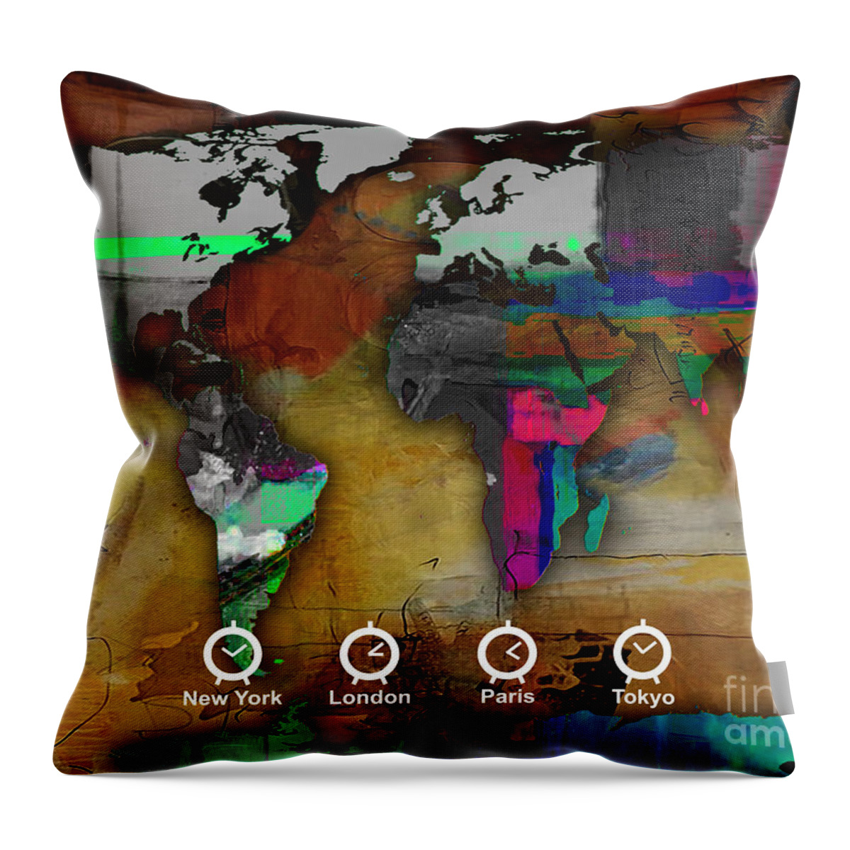 World Map Throw Pillow featuring the mixed media World Map Watercolor #15 by Marvin Blaine