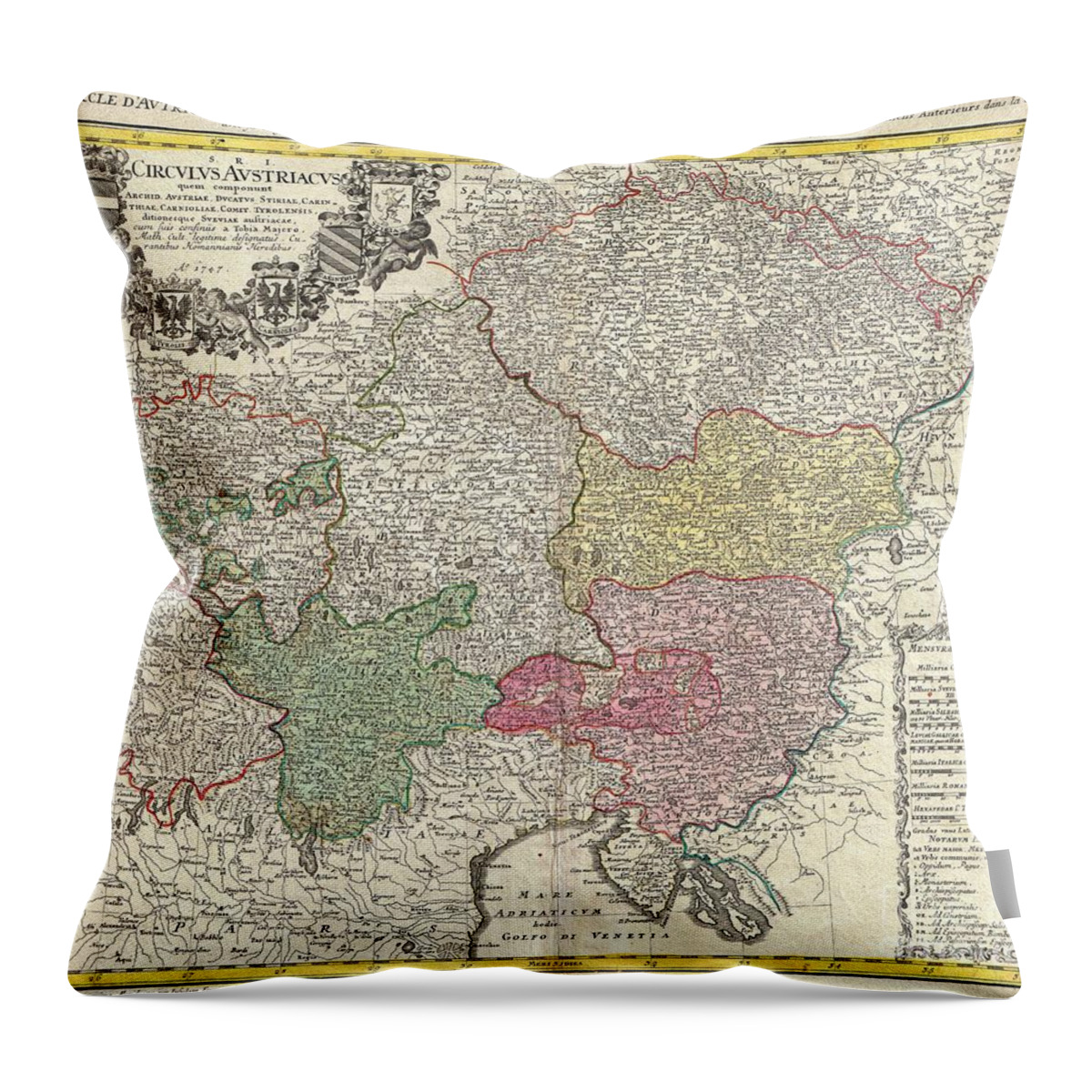 A Beautifully Detailed 1747 Homann Heirs Map Of Austria And Bohemia ( Czech Republic). Includes Parts Of Italy Throw Pillow featuring the photograph 1747 Homann Heirs Map of Austria and Bohemia by Paul Fearn