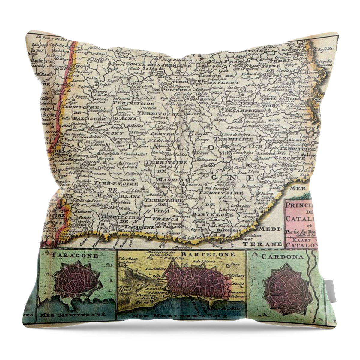 A Stunning Map Of Catalonia Throw Pillow featuring the photograph 1747 La Feuille Map of Catalonia Spain by Paul Fearn
