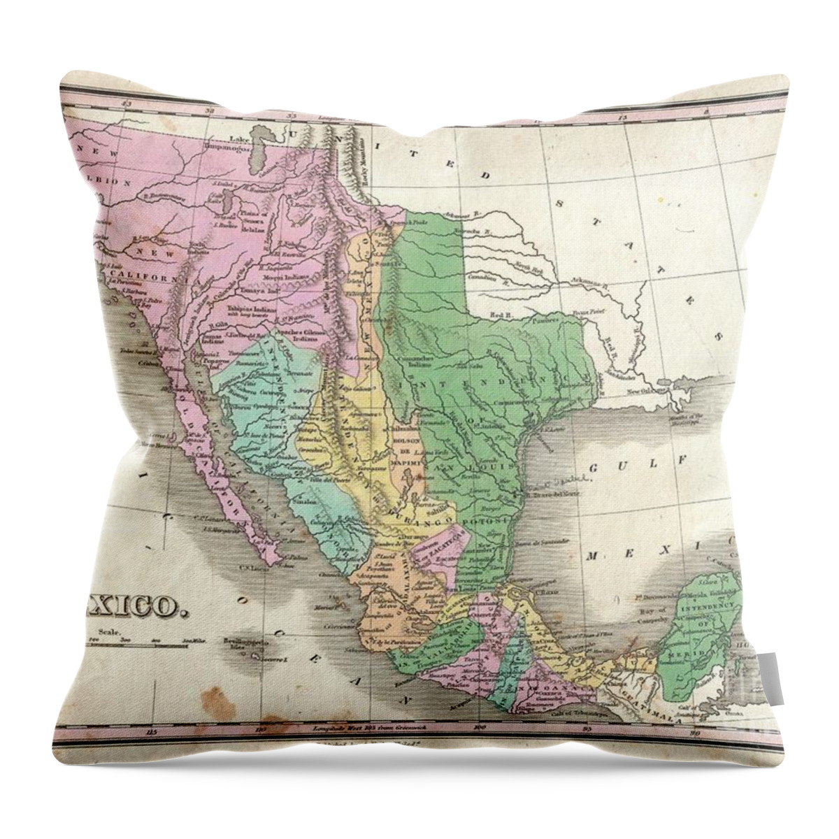  A Scarce And Important 1827 Map Of Mexico By Anthony Finley. Covers From Upper California And New Albion South To Guatemala Throw Pillow featuring the photograph 1827 Finley Map of Mexico Upper California and Texas by Paul Fearn