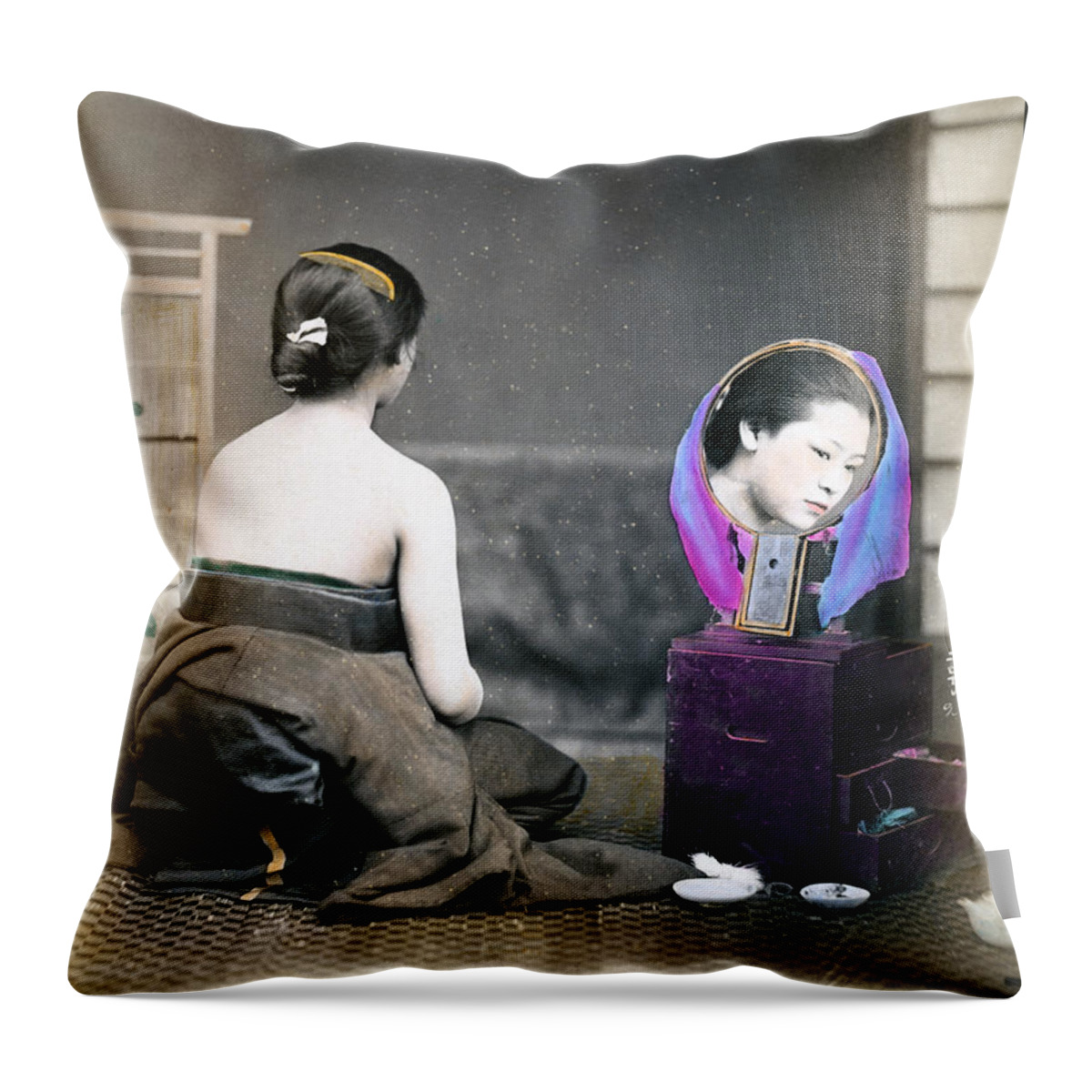 Vintage Throw Pillow featuring the photograph 1870 Japanese Woman in her Dressing Room by Historic Image