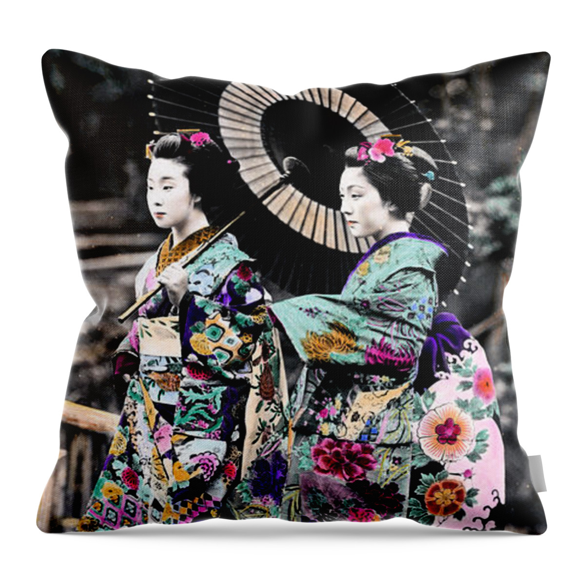 Retro Throw Pillow featuring the photograph 1870 Two Geisha Girls under Umbrella by Historic Image