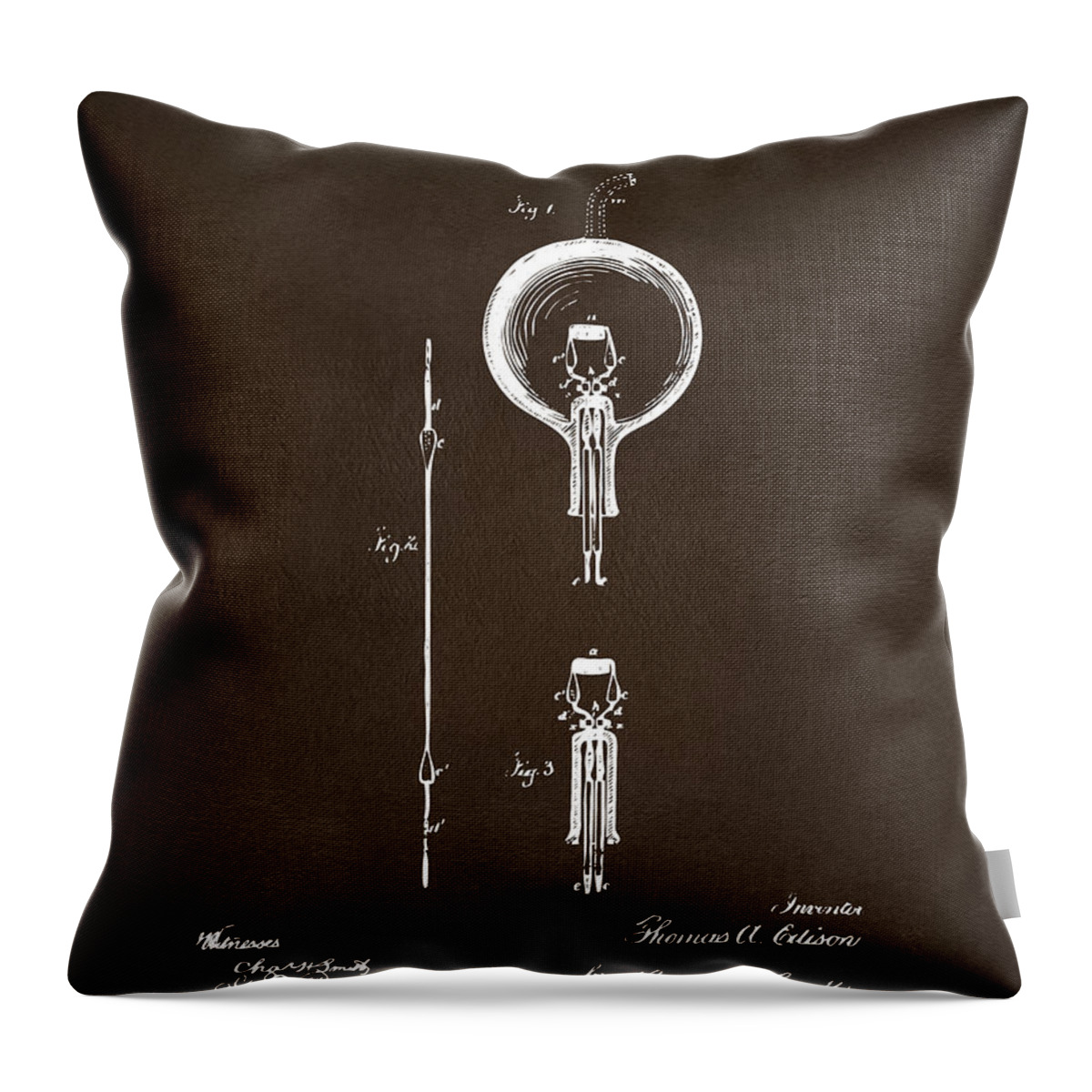 Edison Throw Pillow featuring the digital art 1880 Edison Electric Lamp Patent Artwork Espresso by Nikki Marie Smith