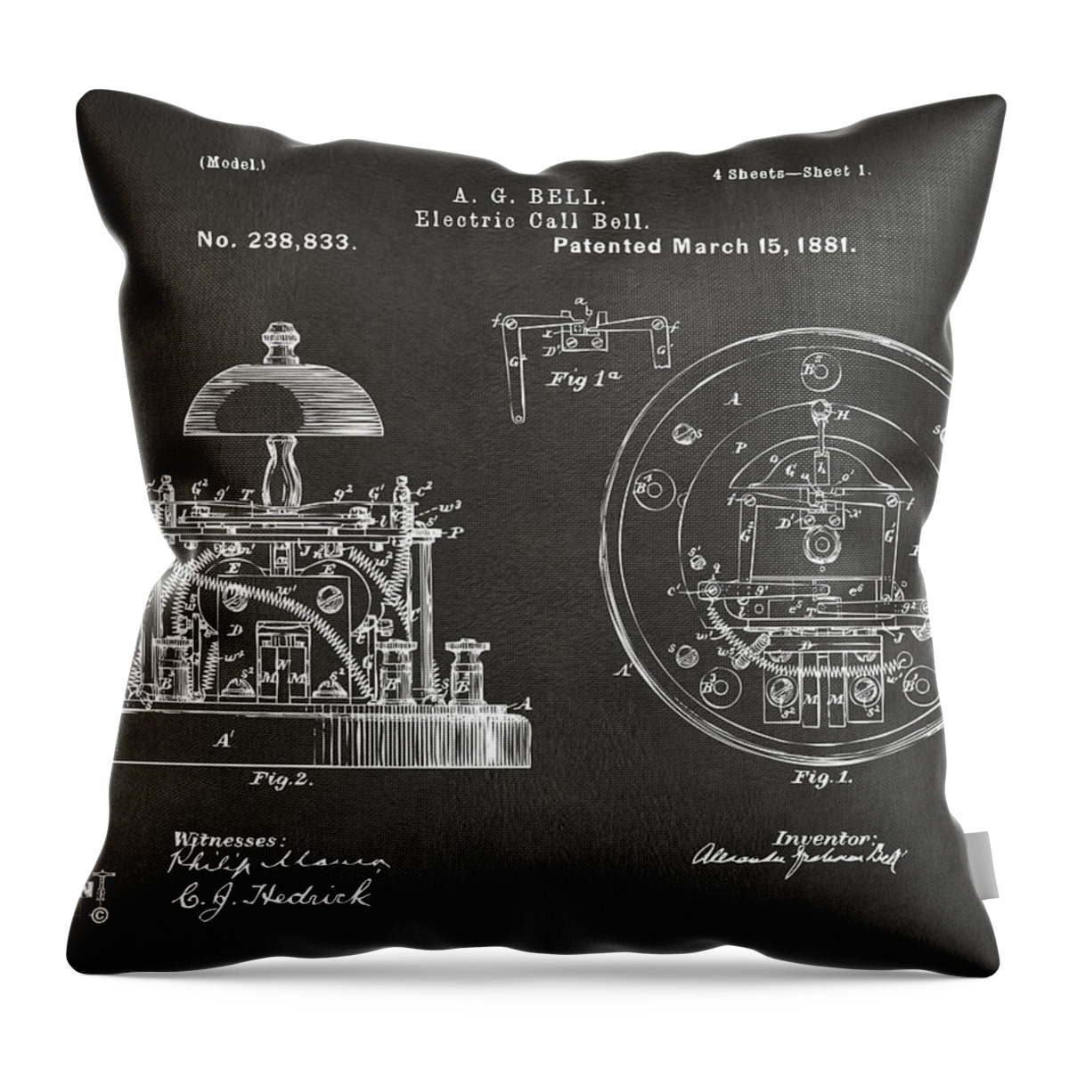 Alexander Graham Bell Throw Pillow featuring the digital art 1881 Alexander Graham Bell Electric Call Bell Patent Gray by Nikki Marie Smith
