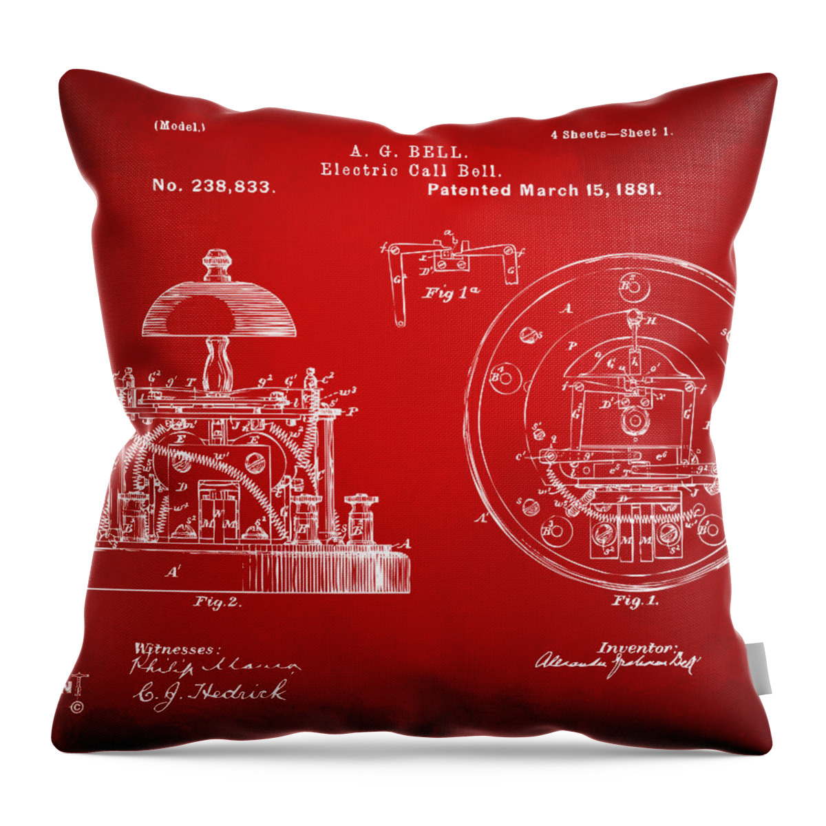 Alexander Graham Bell Throw Pillow featuring the digital art 1881 Alexander Graham Bell Electric Call Bell Patent Red by Nikki Marie Smith