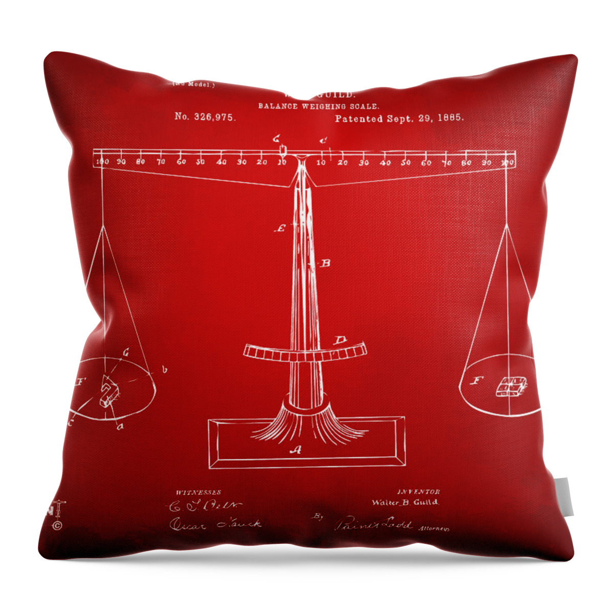 Justice Throw Pillow featuring the digital art 1885 Balance Weighing Scale Patent Artwork Red by Nikki Marie Smith