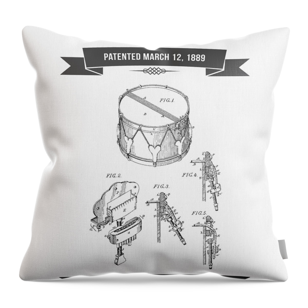 Snare Drum Throw Pillow featuring the drawing 1889 Snare Drum Patent Drawing by Aged Pixel