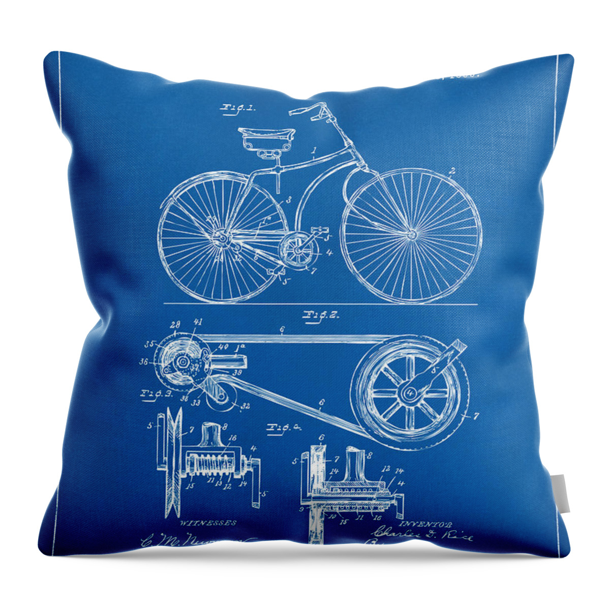 Velocipede Throw Pillow featuring the digital art 1890 Bicycle Patent Artwork - Blueprint by Nikki Marie Smith