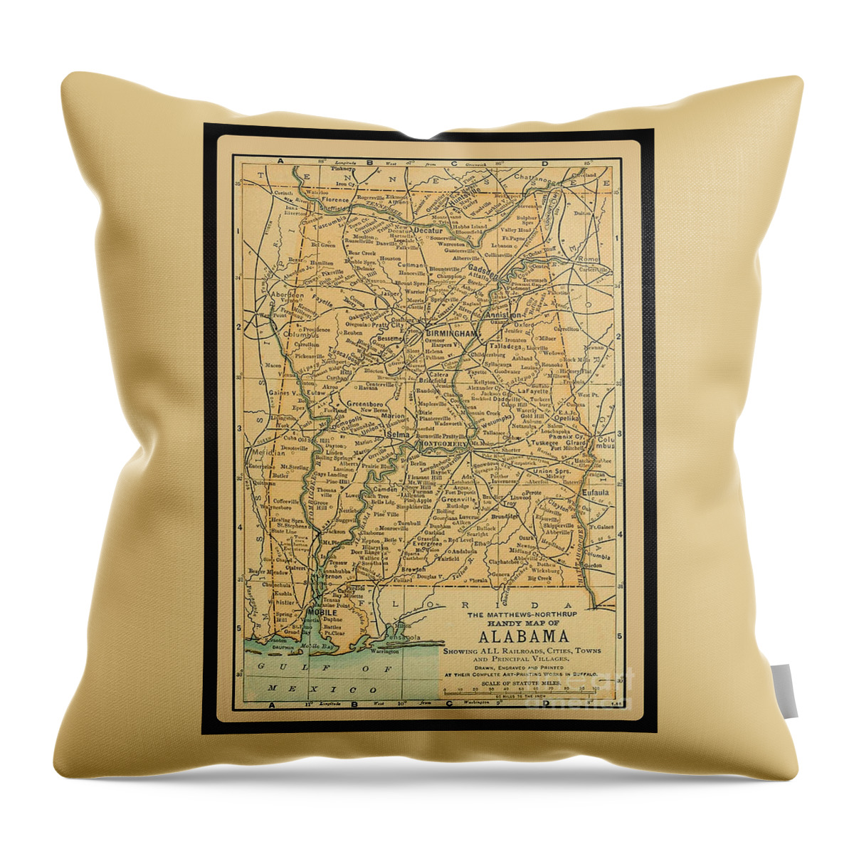 Alabama Throw Pillow featuring the photograph 1891 Map of Alabama by Phil Cardamone
