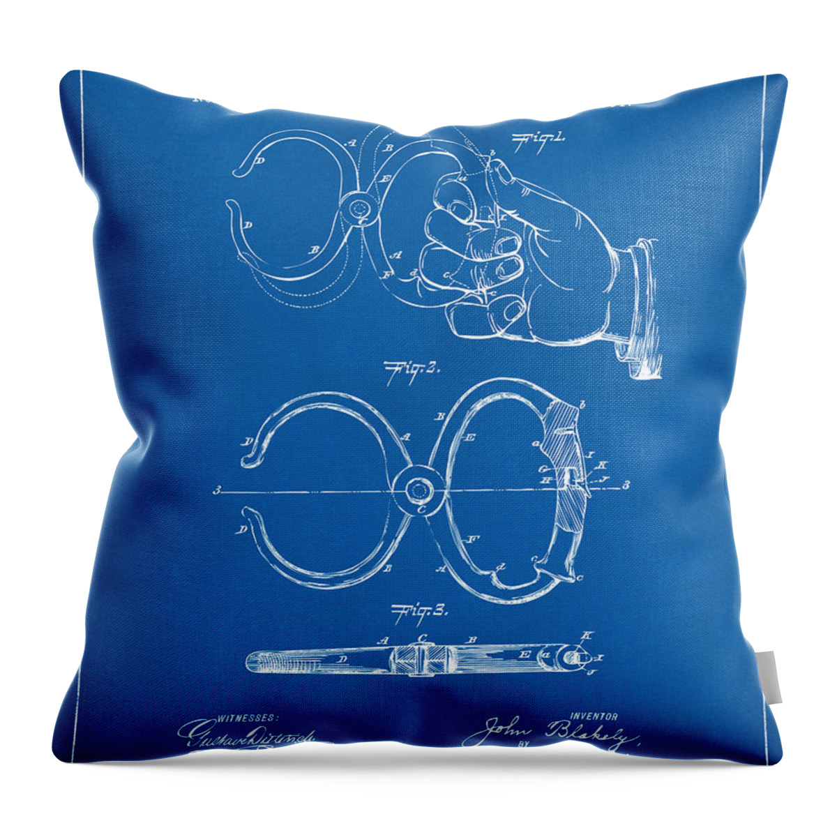 Police Throw Pillow featuring the digital art 1891 Police Nippers Handcuffs Patent Artwork - Blueprint by Nikki Marie Smith