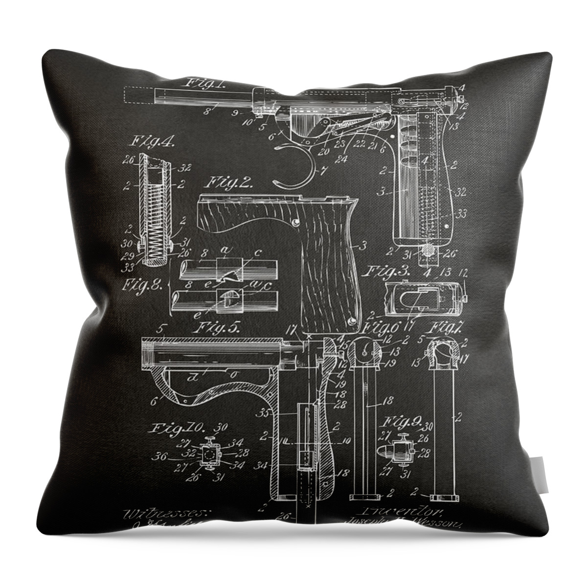 Wesson Pistol Throw Pillow featuring the digital art 1898 Wesson Magazine Pistol Patent Artwork - Gray by Nikki Marie Smith