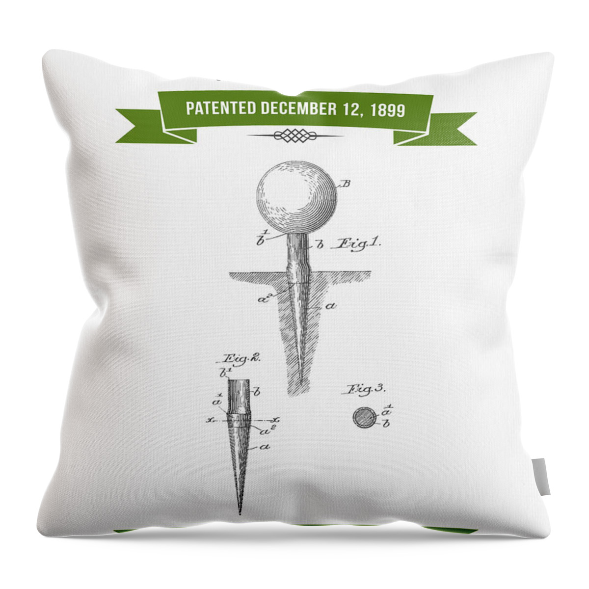 Golf Tee Throw Pillow featuring the digital art 1899 Golf Tee Patent Drawing - Retro Green by Aged Pixel
