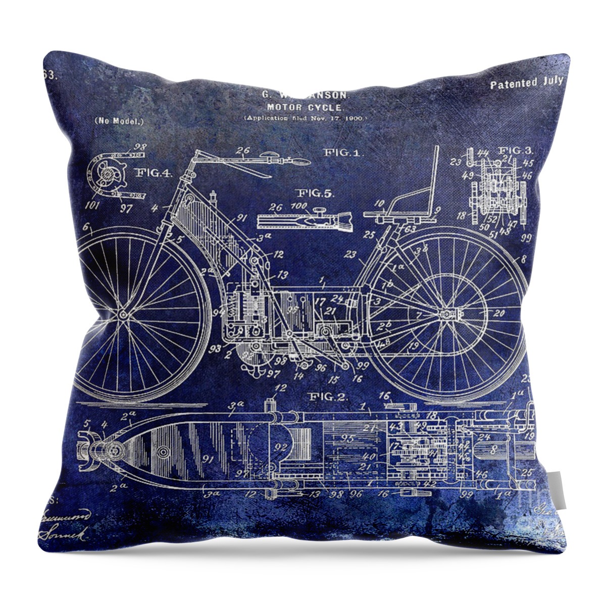 Motorcycle Patent Throw Pillow featuring the photograph 1901 Motorcycle Patent Drawing Blue by Jon Neidert