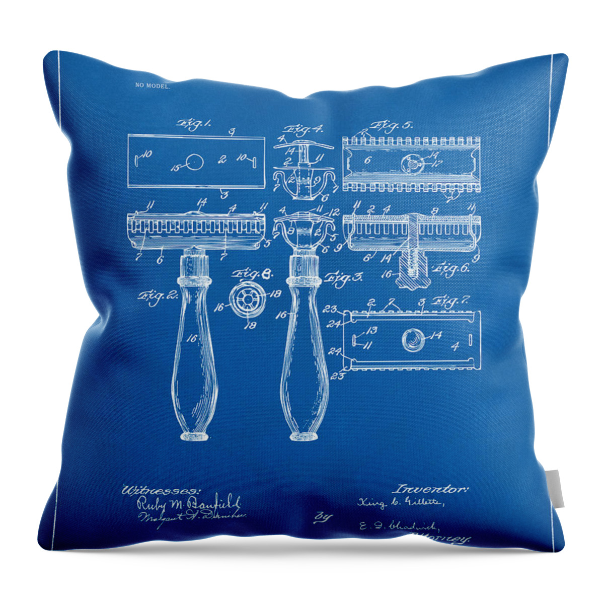 Gillette Throw Pillow featuring the digital art 1904 Gillette Razor Patent Artwork Blueprint by Nikki Marie Smith