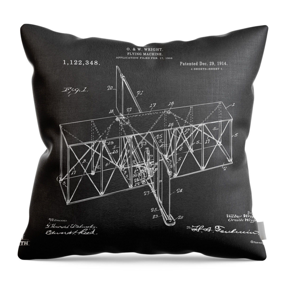 Wright Brothers Throw Pillow featuring the digital art 1914 Wright Brothers Flying Machine Patent Gray by Nikki Marie Smith