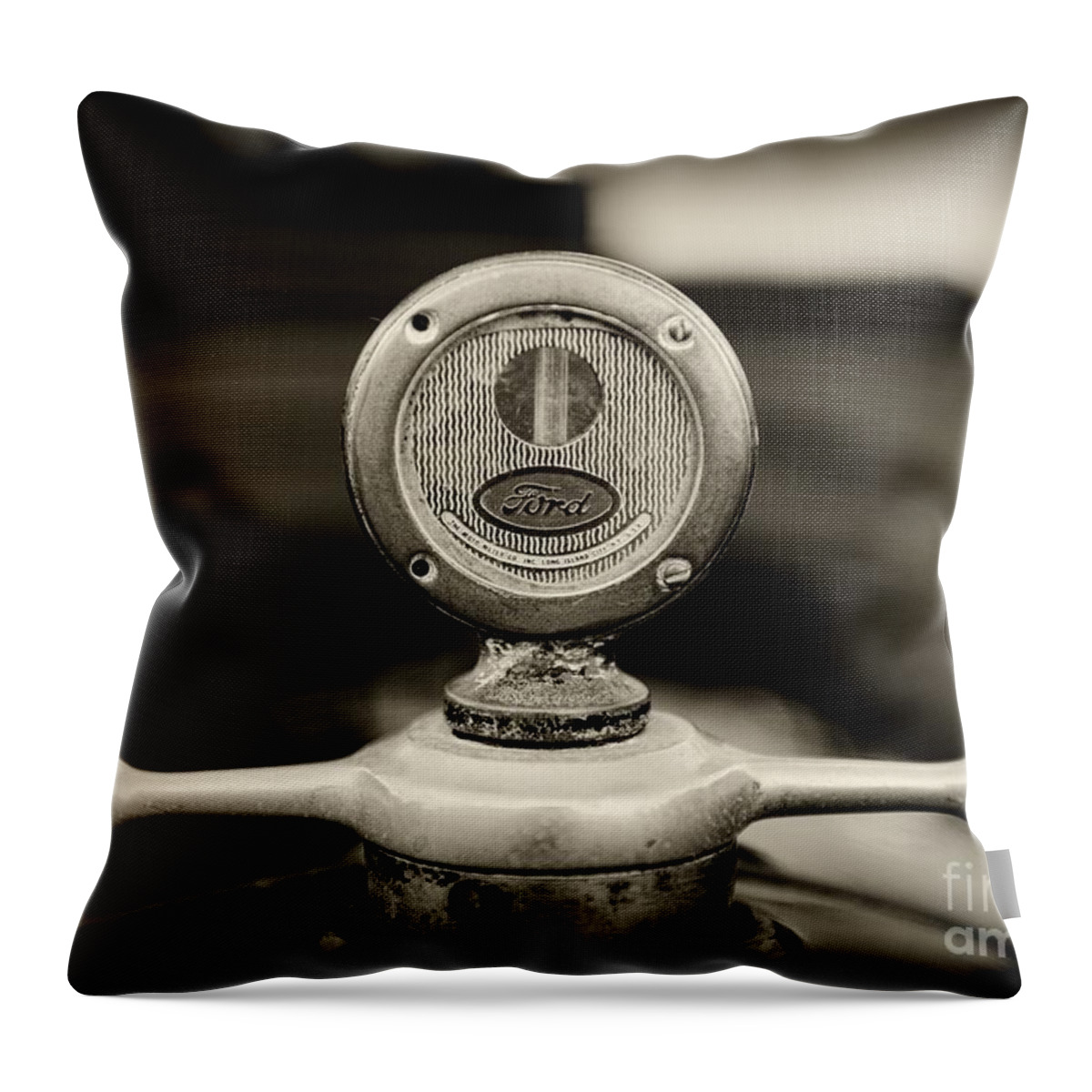 1919 Ford Model T Throw Pillow featuring the photograph 1919 Ford Model T Hood Ornament in black and white by Paul Ward