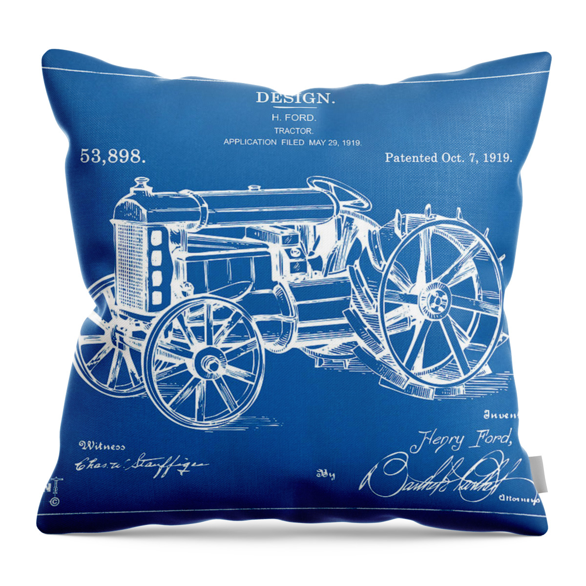 Henry Ford Throw Pillow featuring the digital art 1919 Henry Ford Tractor Patent Blueprint by Nikki Marie Smith