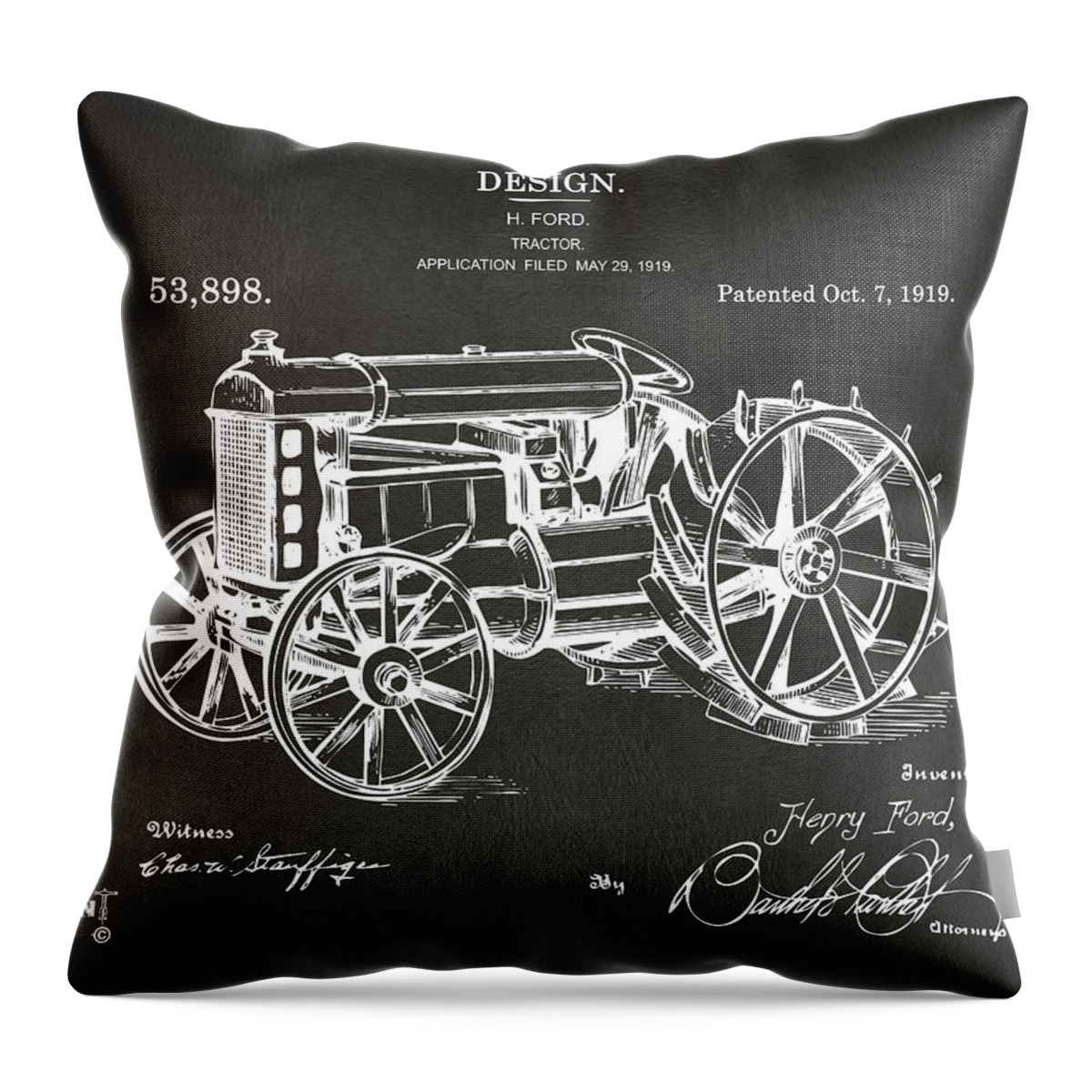 Henry Ford Throw Pillow featuring the digital art 1919 Henry Ford Tractor Patent Gray by Nikki Marie Smith