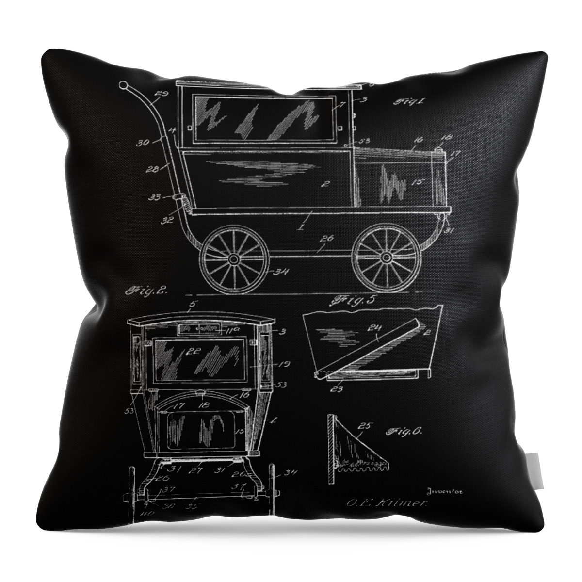 1921 Throw Pillow featuring the digital art 1921 Kilmer Patent Baby Carriage BW by Lesa Fine