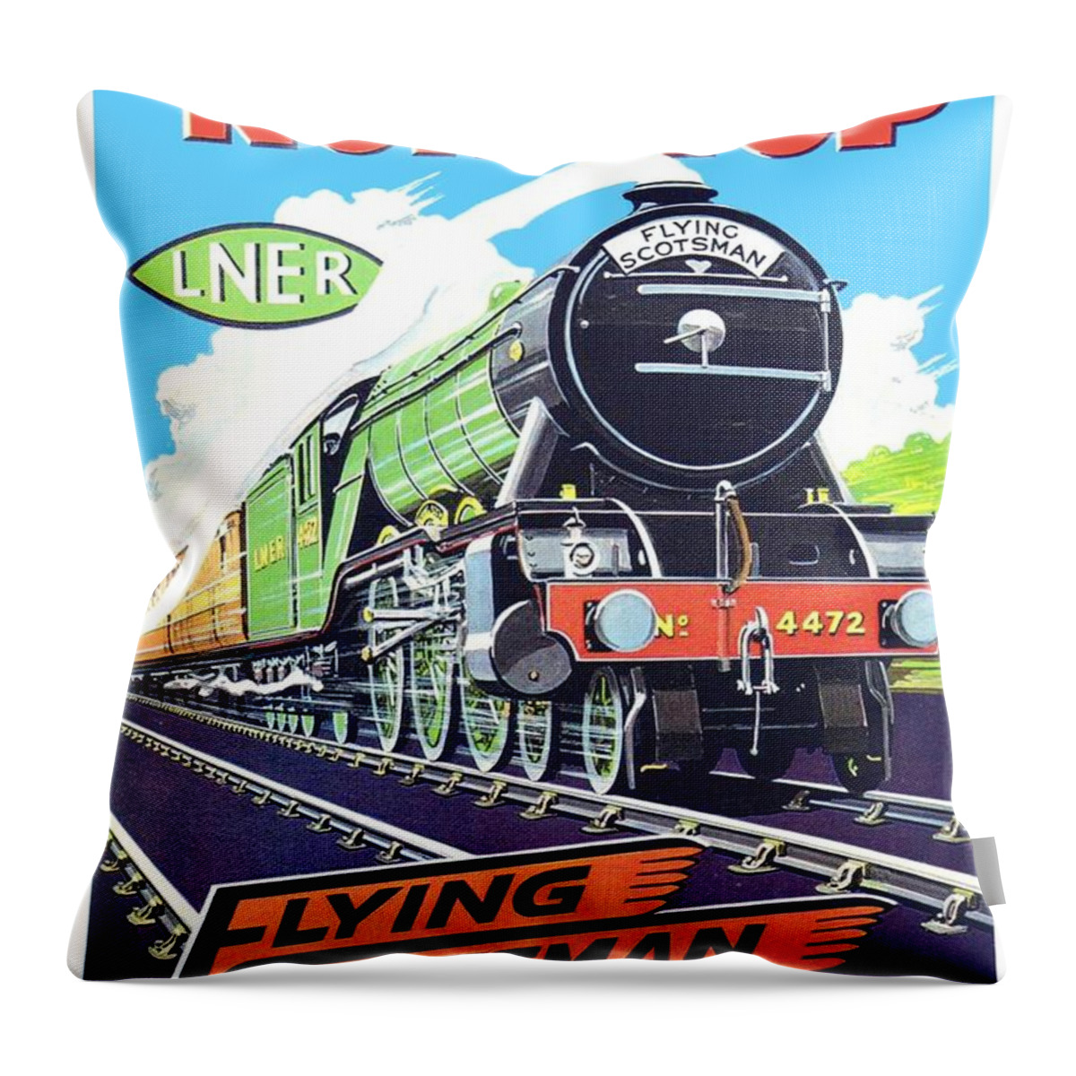 The Throw Pillow featuring the digital art 1934 - The Flying Scotsman Railroad Advertisement - Color by John Madison