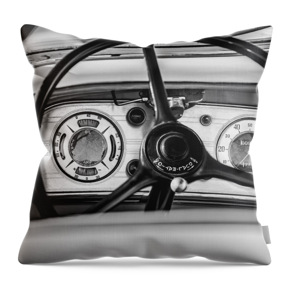 1935 Auburn 851 Supercharged Boattail Speedster Steering Wheel Throw Pillow featuring the photograph 1935 Auburn 851 Supercharged Boattail Speedster Steering Wheel -0862bw by Jill Reger