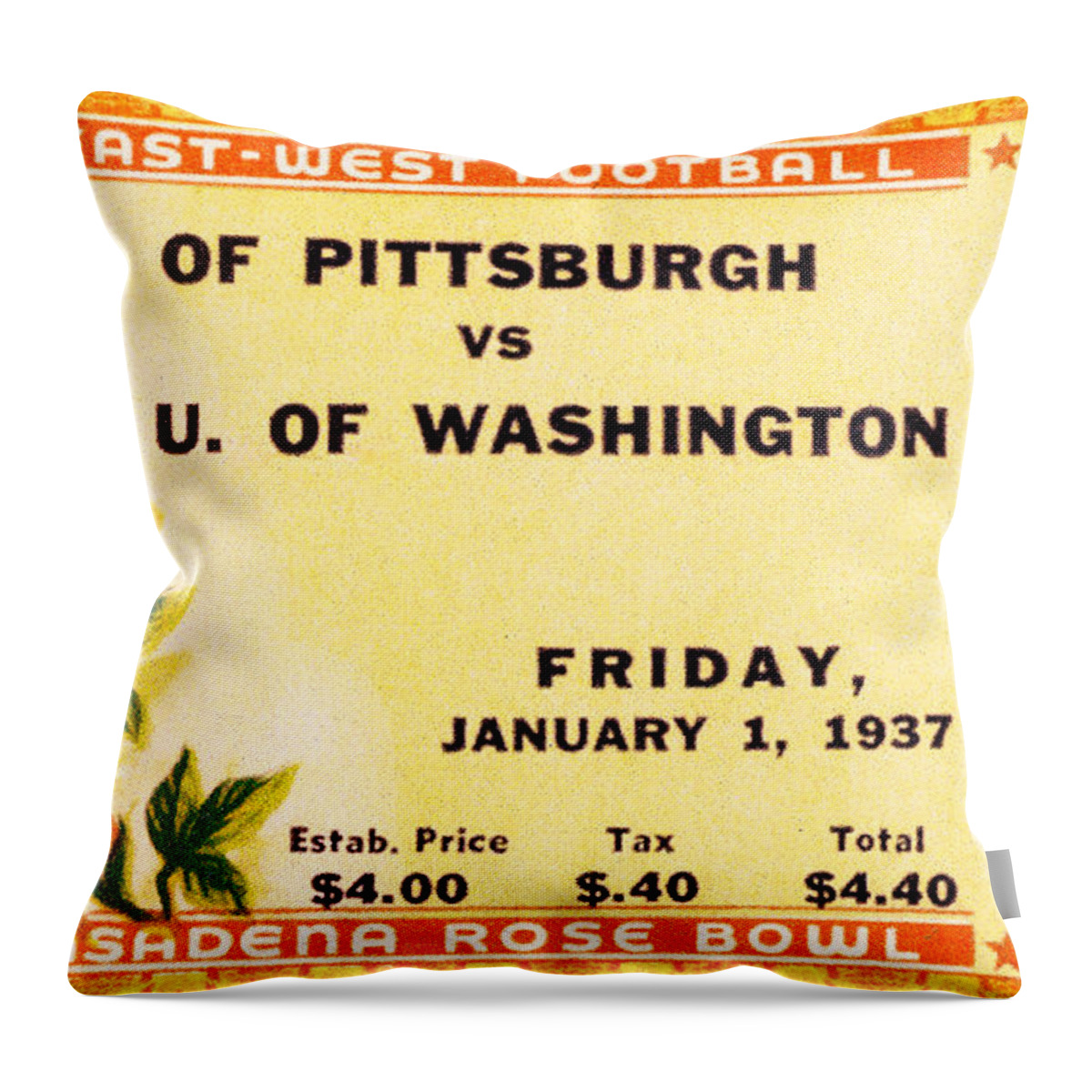 Tticket Throw Pillow featuring the photograph 1937 Rose Bowl Ticket by David Patterson