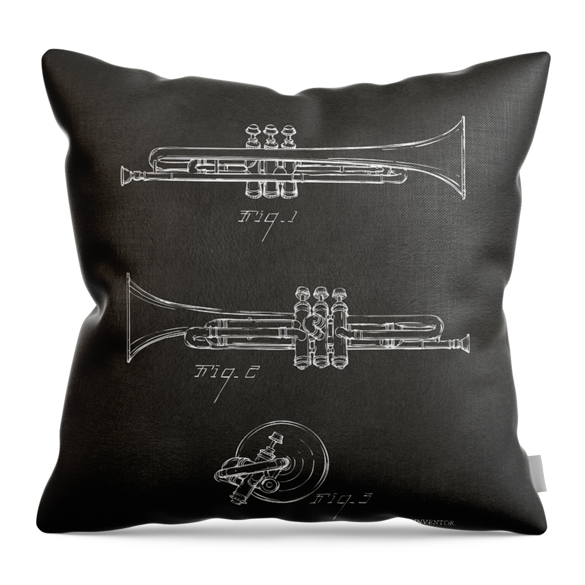 Trumpet Throw Pillow featuring the digital art 1940 Trumpet Patent Artwork - Gray by Nikki Marie Smith