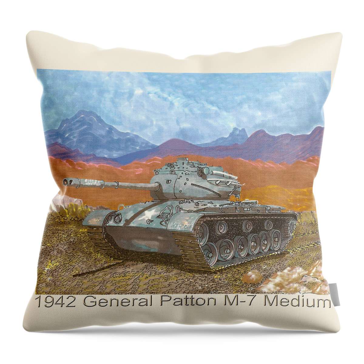 A Jack Pumphrey Painting Of A Patton M-47 Built By American Locomotive C. Throw Pillow featuring the painting 1942 General Patton M 47 Medium Tank by Jack Pumphrey