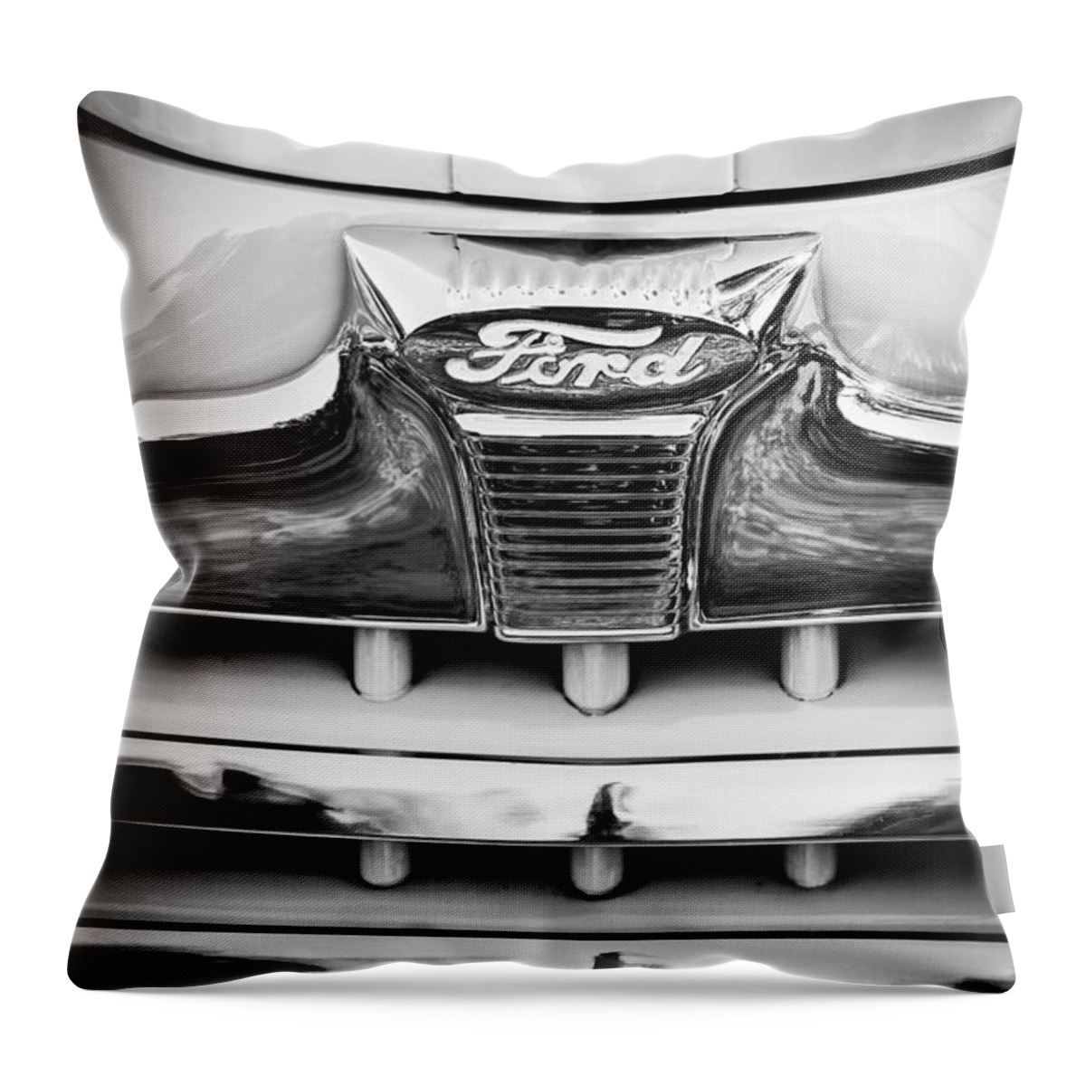 1947 Ford Deluxe Grill Ornament Throw Pillow featuring the photograph 1947 Ford Deluxe Grill Ornament -0700bw by Jill Reger