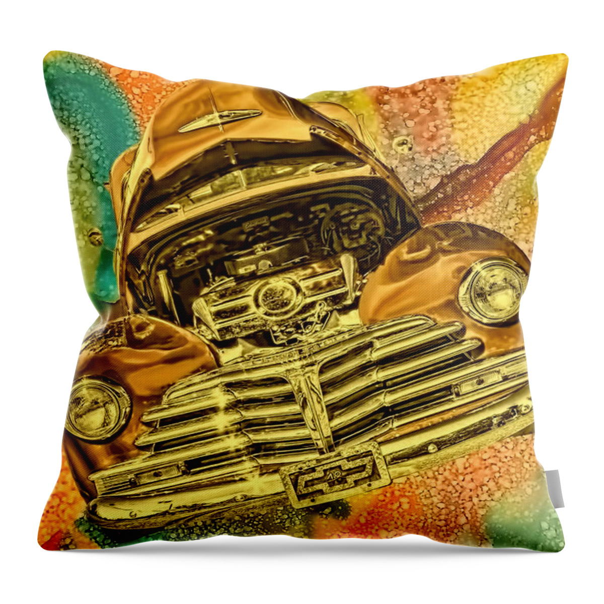 1948 Throw Pillow featuring the photograph 1948 Chev Gold Tie Dye TILT Car Art by Lesa Fine