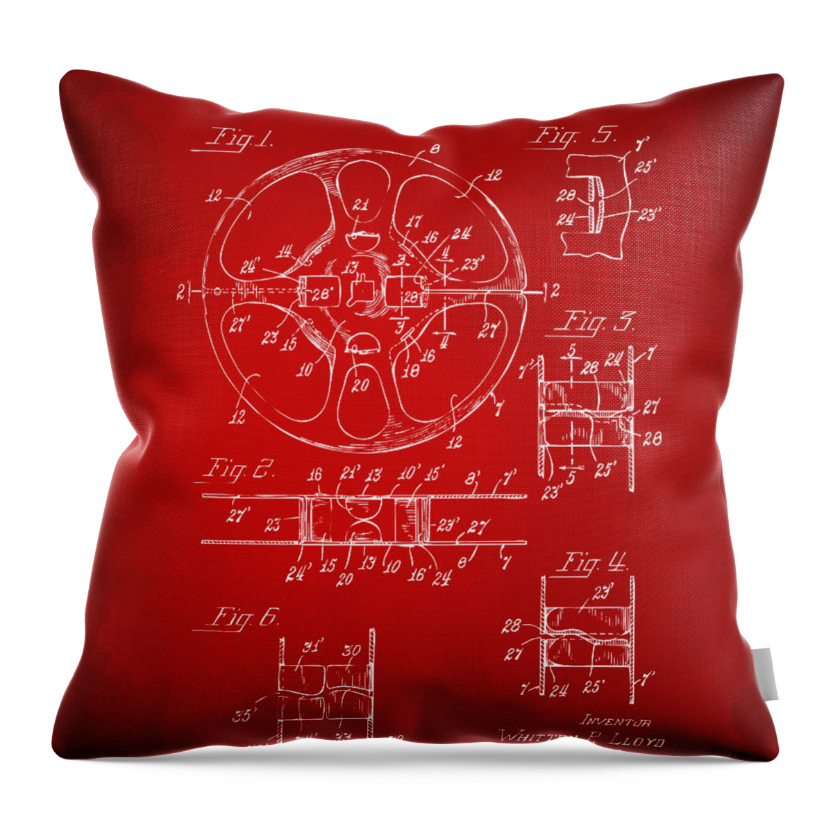Movie Throw Pillow featuring the digital art 1949 Movie Film Reel Patent Artwork - Red by Nikki Marie Smith