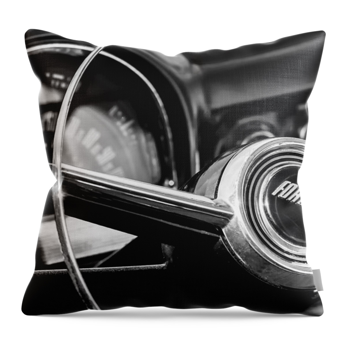1952 Ford Wagon Steering Wheel Emblem Throw Pillow featuring the photograph 1952 Ford Wagon Steering Wheel Emblem -0187bw by Jill Reger