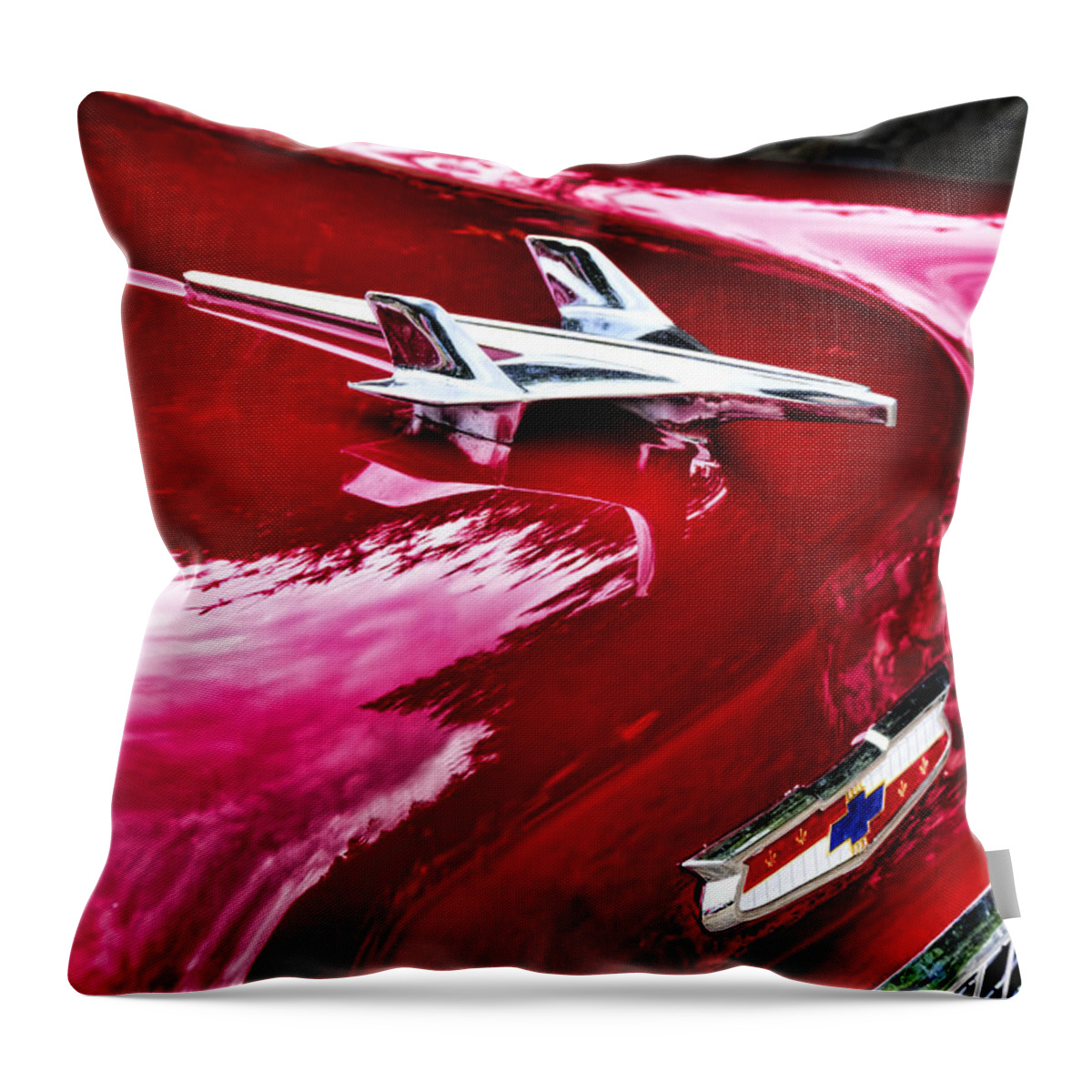 Chevy Throw Pillow featuring the photograph 1955 Chevy Bel Air Hood Ornament by Peggy Collins