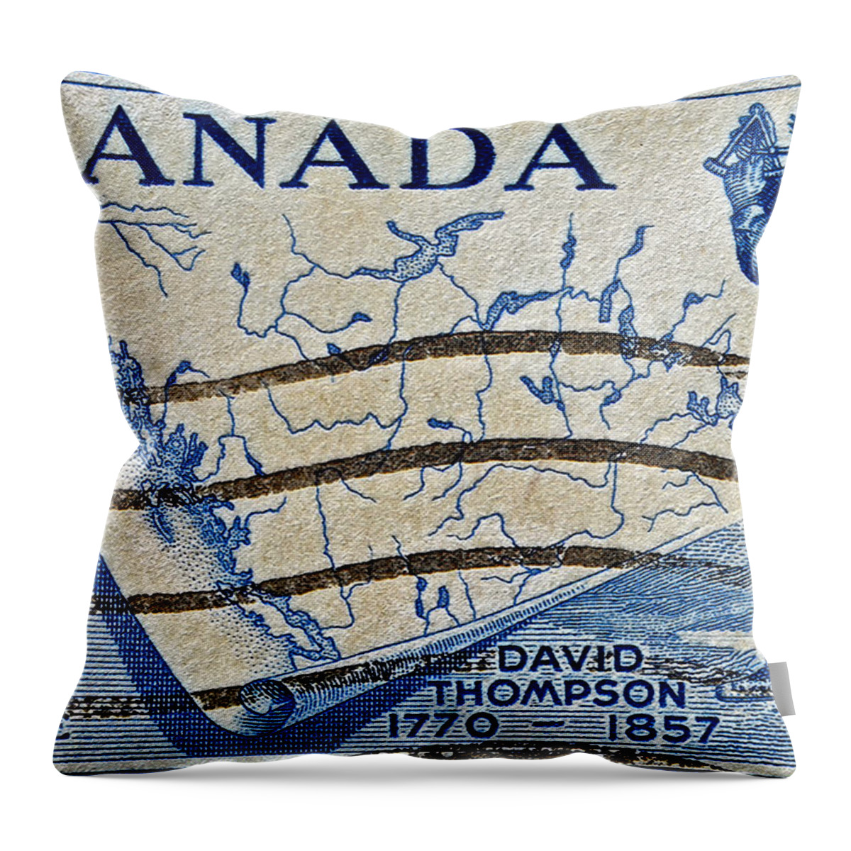 1957 Throw Pillow featuring the photograph 1957 David Thompson Canada Stamp by Bill Owen