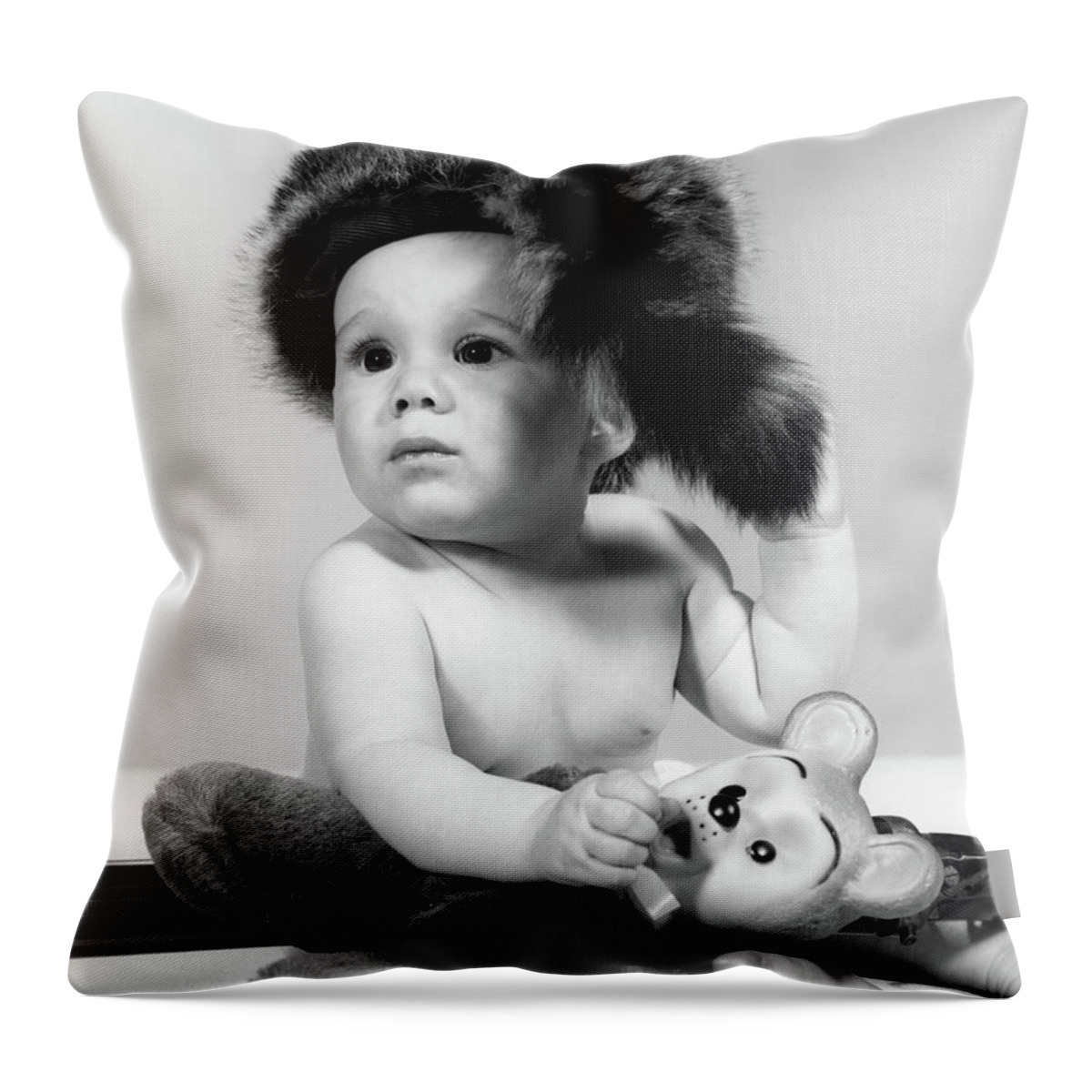 Photography Throw Pillow featuring the photograph 1960s Baby Wearing Coonskin Hat by Vintage Images
