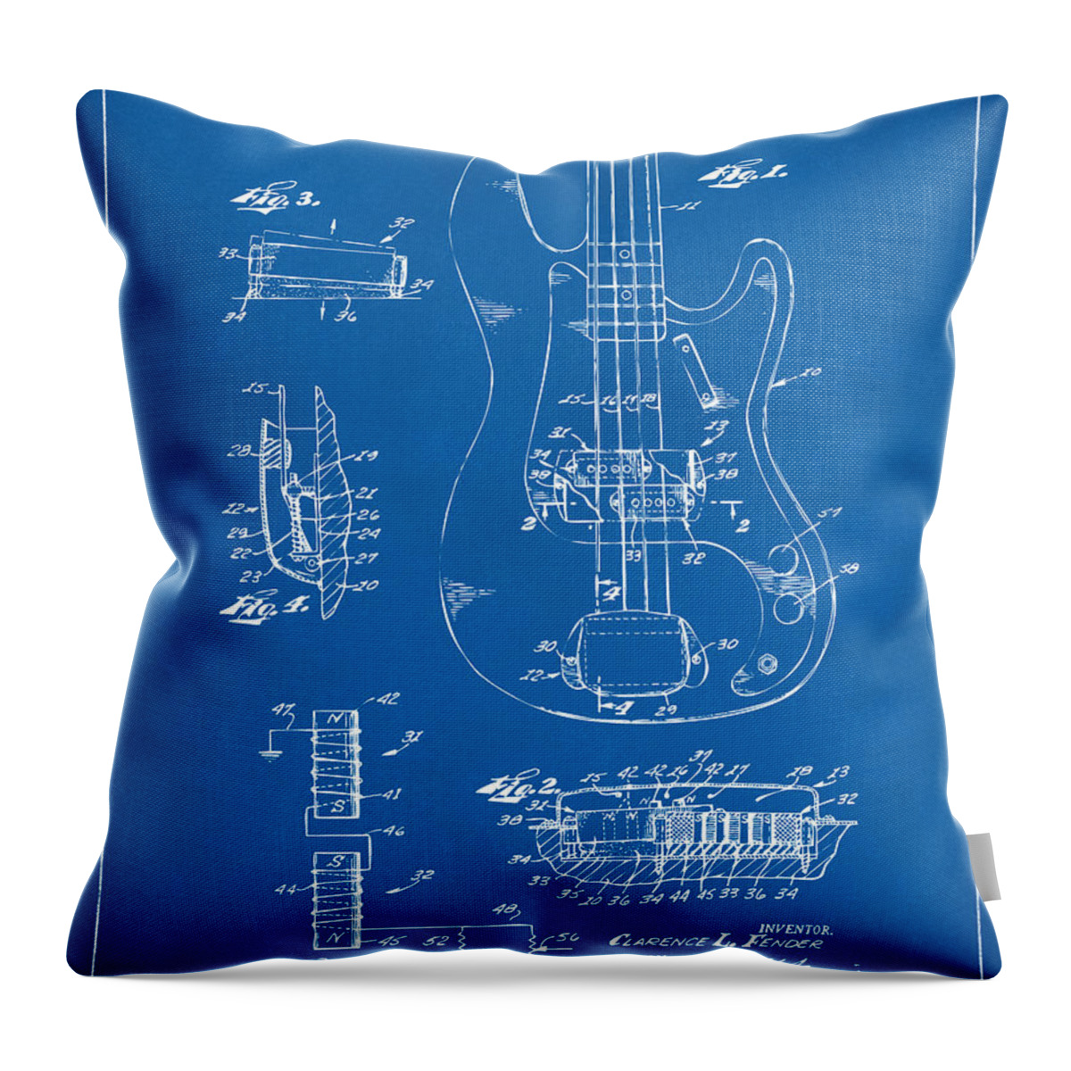 Guitar Throw Pillow featuring the digital art 1961 Fender Guitar Patent Artwork - Blueprint by Nikki Marie Smith